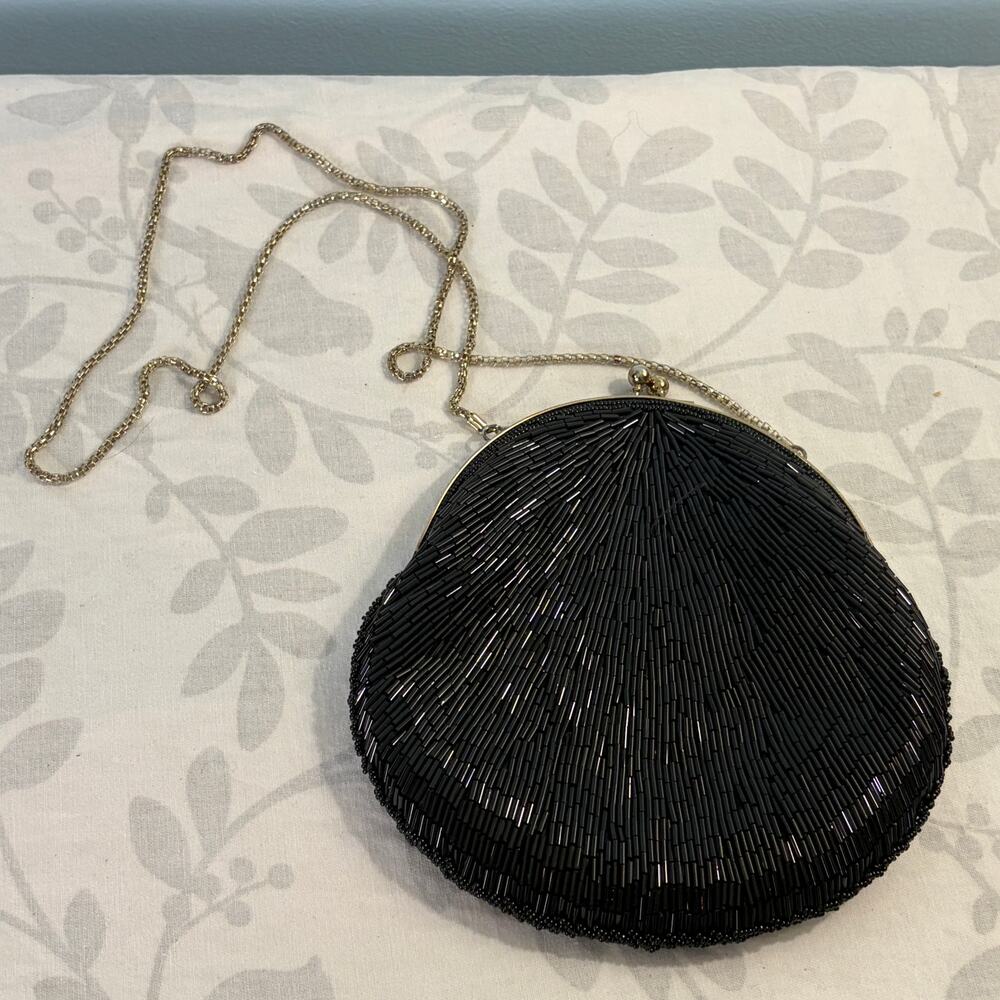 Vintage La Regale Black Beaded Evening Bag Kiss Lock Cocktail Wedding Handbag